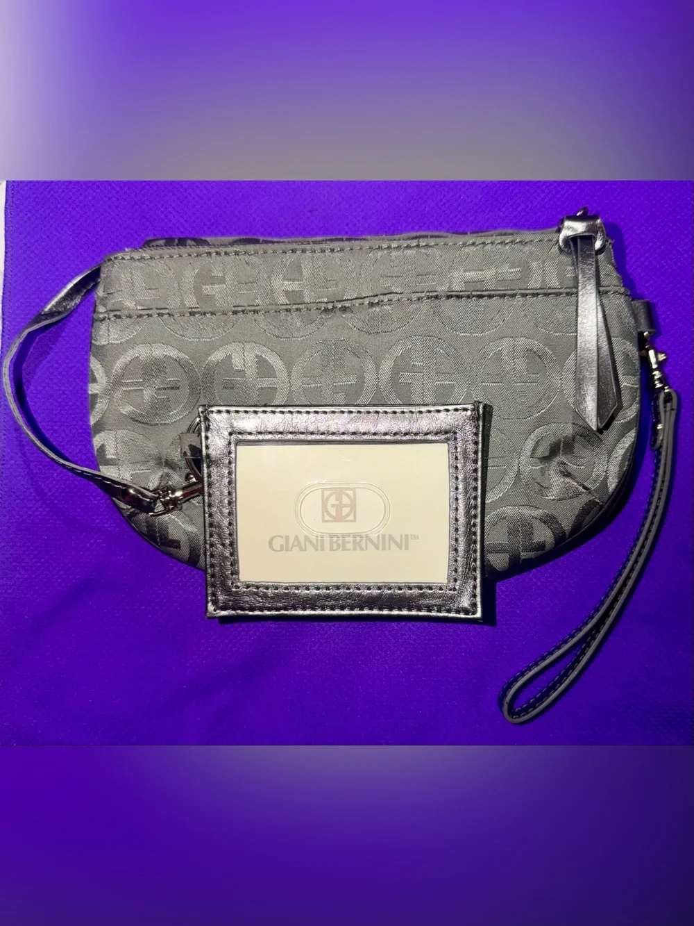 Giani Bernini Black Logo Jacquard Wristlet with Matching ID Tag
